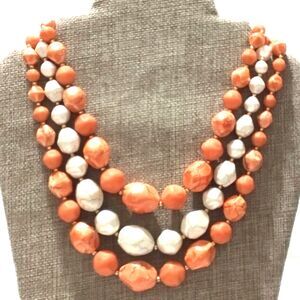 Vintage Mid Century Orange and Cream Multi Strand Beaded Necklace Signed Japan